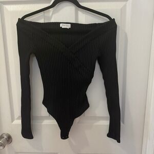 LOVERS + FRIENDS Revolve Theodore Black Ribbed Off-Shoulder Bodysuit Size S